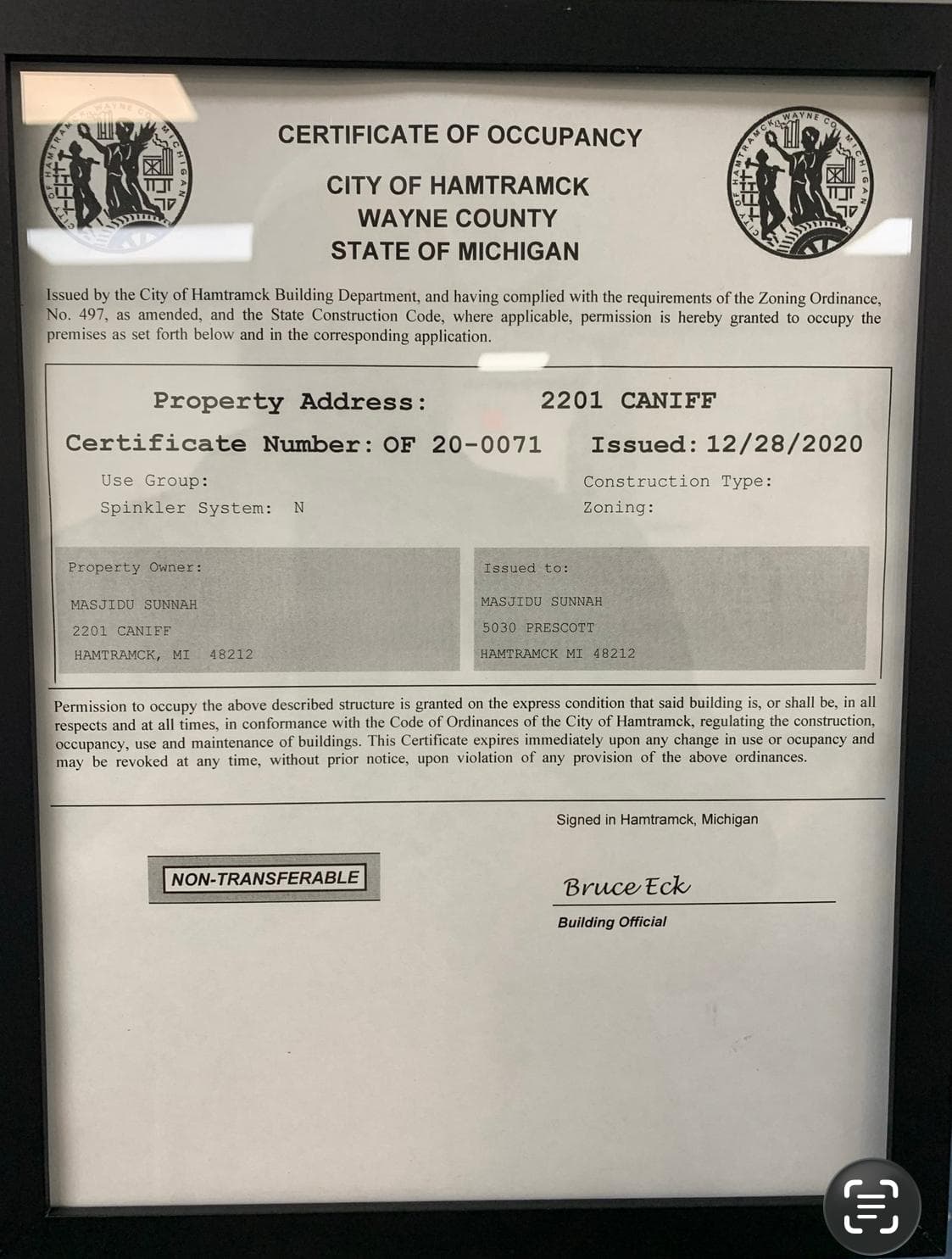 Masjidu Sunnah Certificate of Occupancy